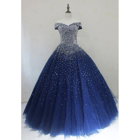 Blue Sequins Sweetheart Ball Gown Sweet 16 Gown, Blue Tulle Party Dress