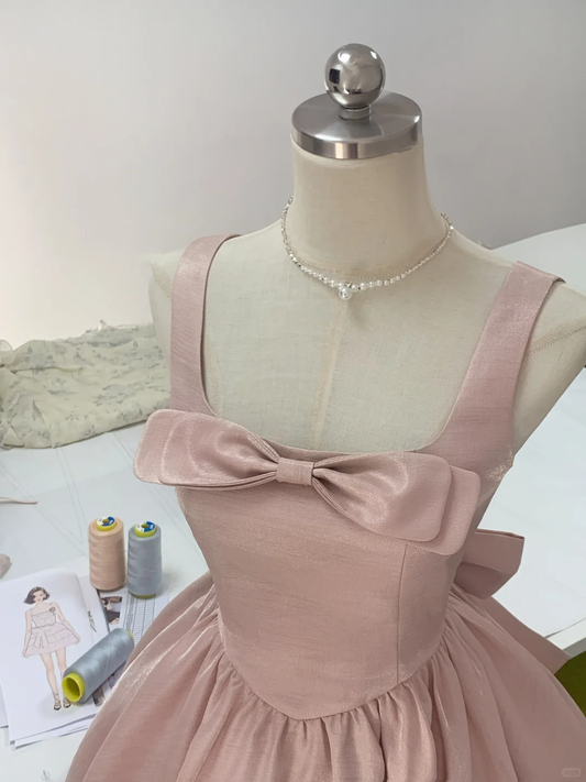 Simple Pink Satin Bow A Line Birthday Outfits Short Graduation Homecoming Dress S893