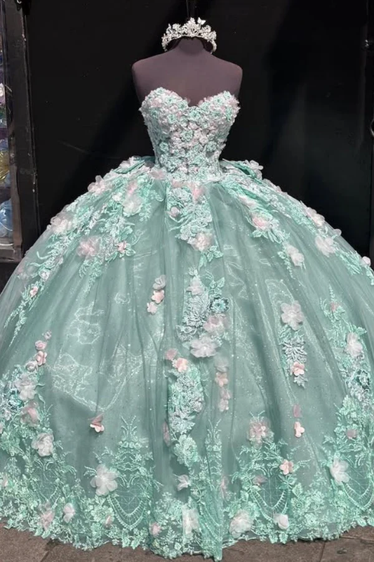 Luxury Sweet 16 Ball Gown Mint Green 3D Flower Appliques Tulle Quinceanera Dress Birthday Party Gown cc2685