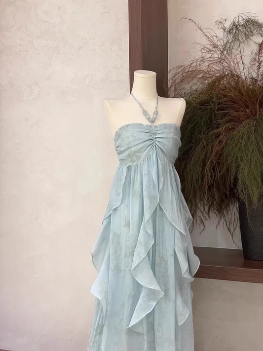 Classy Blue Halter A Line Ruffled Floral Long Party Dress Women's Vacation Dress Y9320