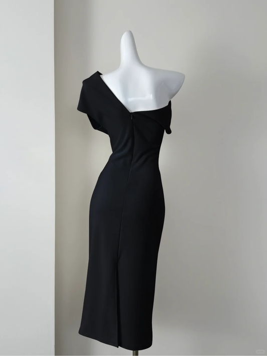 Sexy Black One Shoulder Satin Sheath Party Dress Cocktail Dress S323