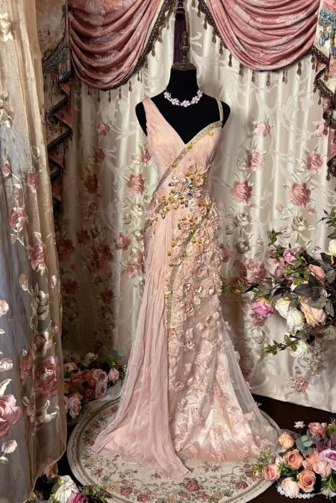 Retro V Neck Pink Tulle Appliques Mermaid Long Wedding Guest Dress Evening Dress D1833