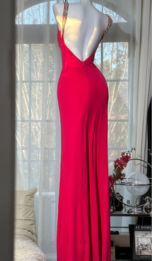 Glamorous V Neck Red Satin Beaded Mermaid Slit Party Dress Long Birthday Prom Dress D2196