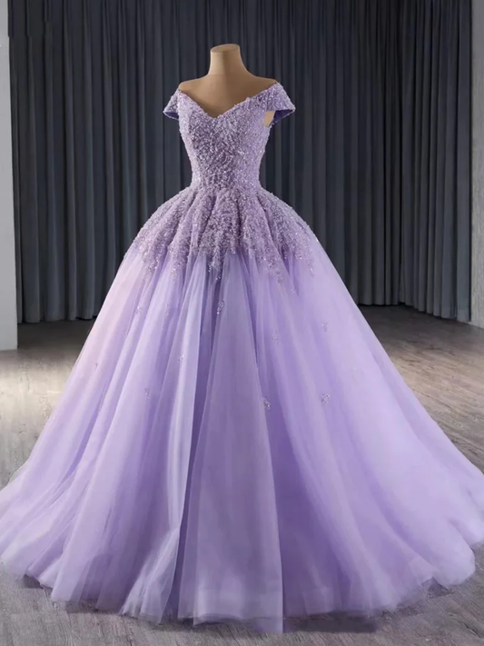 Shiny Off Shoulder Purple Sequins Beaded Long Tulle Quinceanera Dress Formal Ball Gown cc1964