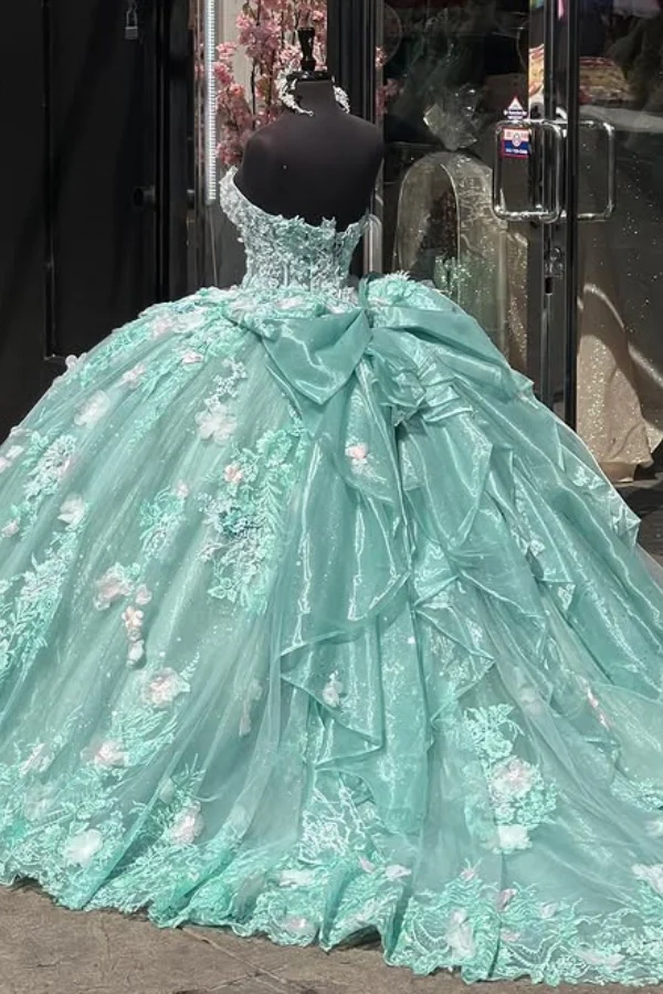 Luxury Sweet 16 Ball Gown Mint Green 3D Flower Appliques Tulle Quinceanera Dress Birthday Party Gown cc2685