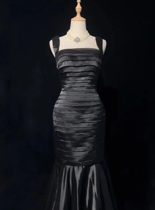 Fashion Black Satin Pleated Mermaid Long Evening Dress Wedding Guest Dress D2061