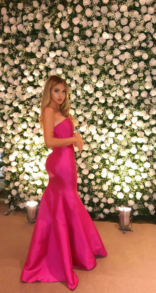 Elegant Strapless Mermaid Satin Evening Dress,Hot Pink Evening Gown Y5183