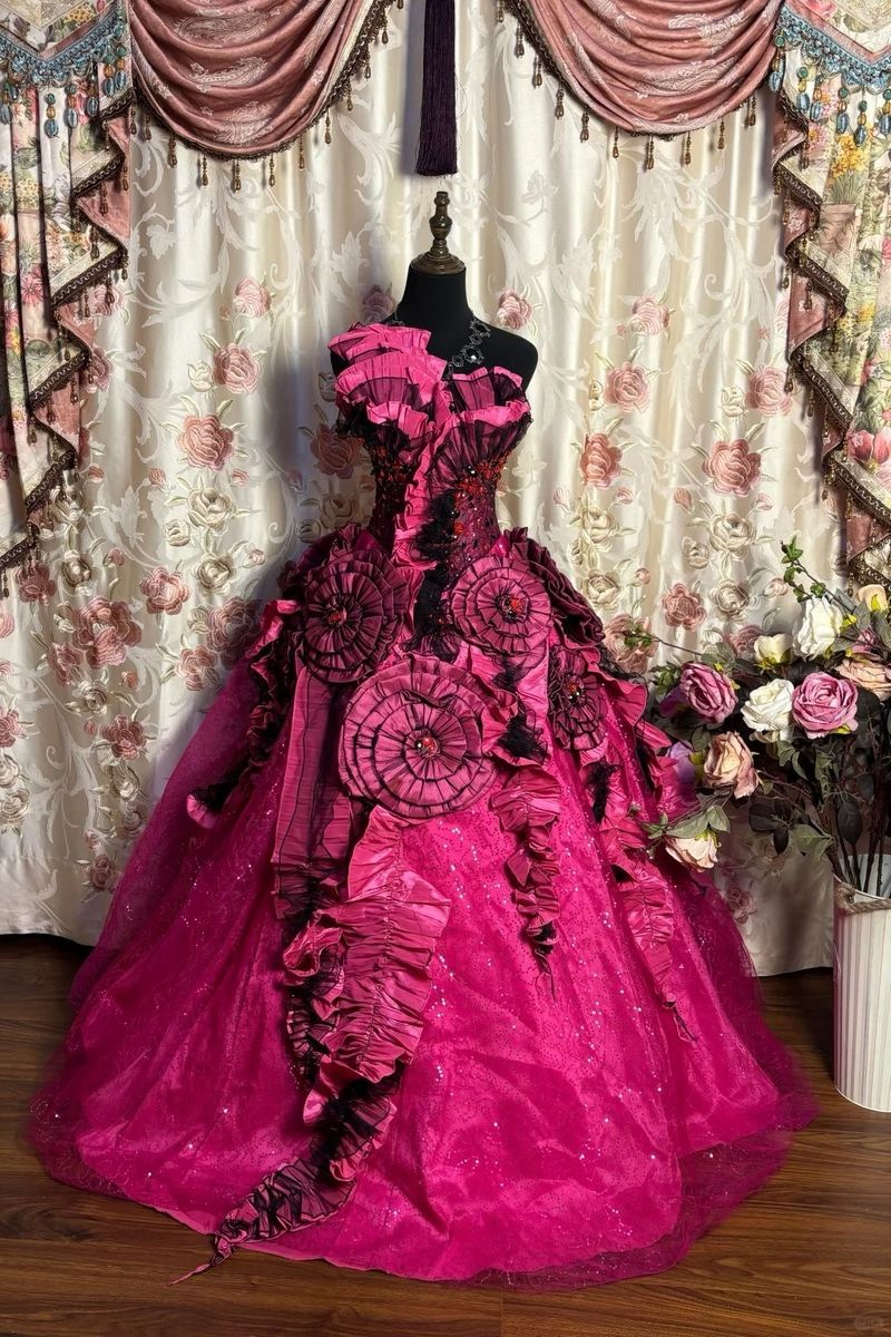 Gorgeous Ball Gown Hot Pink Tulle Sequin Beaded Long Prom Dress Party Dress