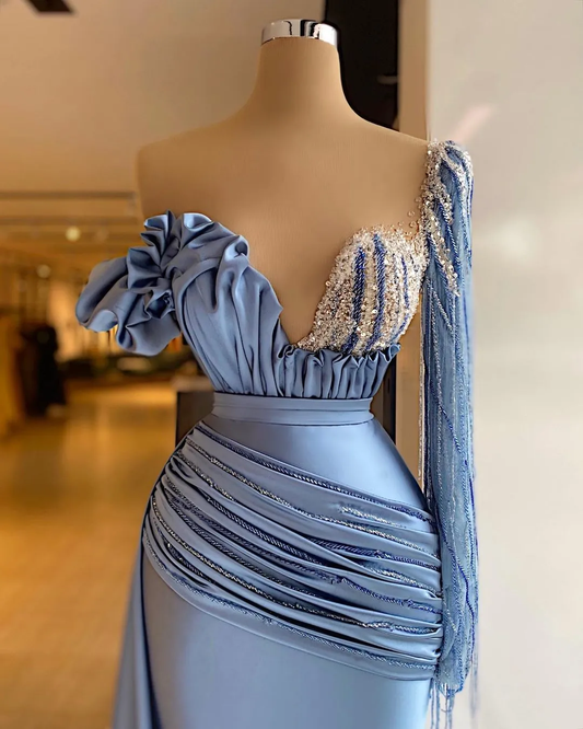 Elegant Satin Luxury Evening Dresses One Shoulder Long Sleeve Sequins Women Prom Party Pageant Gowns Plus Size Custom Made c2705