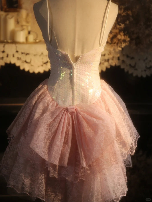 Stunning Homecoming Dress Spaghetti Strap Lace Sequins Dress Back to School Outfits Party Dress D6404