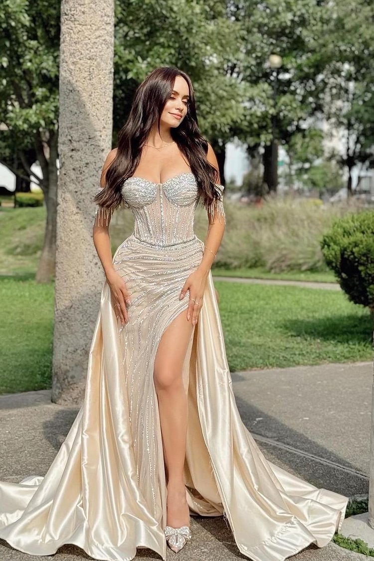 Classy Mermaid Off The Shoulder Champagne Sequin Black Girl Long Slit Prom Dresses Party Dress Birthday Outfits Graduation Dresses W0405