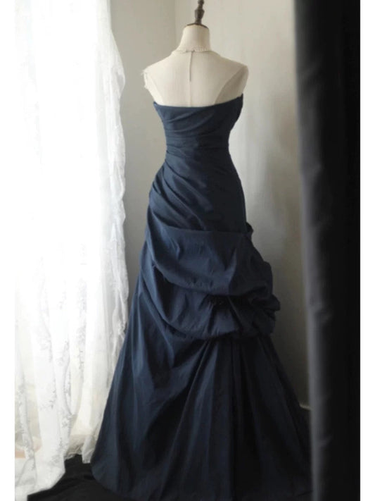 Classy Mermaid Sweetheart Navy Blue Satin Long Prom Dresses Party Dress Birthday Outfits Graduation Dresses W0766