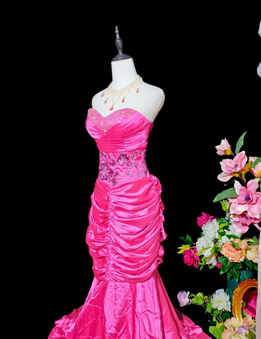 Sexy Hot Pink Satin Beaded Mermaid Long Party Dress Formal Wedding Guest Dress D2377