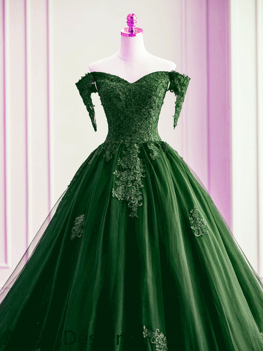 Dark Green Off Shoulder Tulle with Lace Sweet 16 Dress, Dark Green Formal Gowns