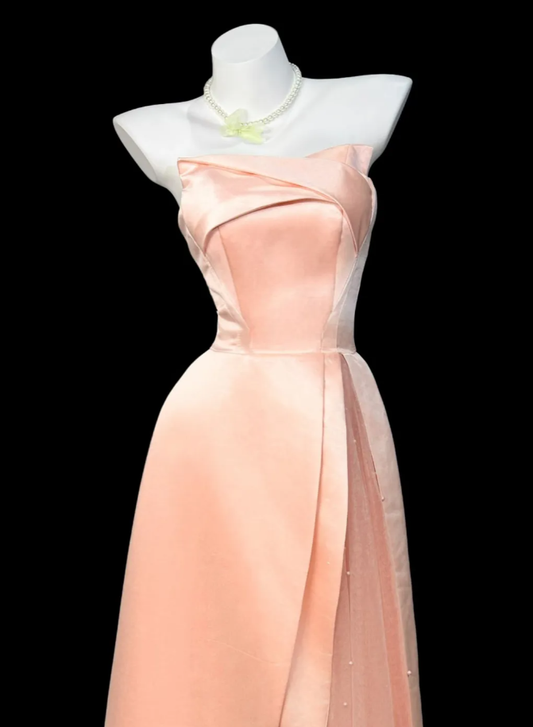 Sweet Pink Strapless Satin Tulle Beaded A Line Party Dress Long Wedding Guest Dress D2338