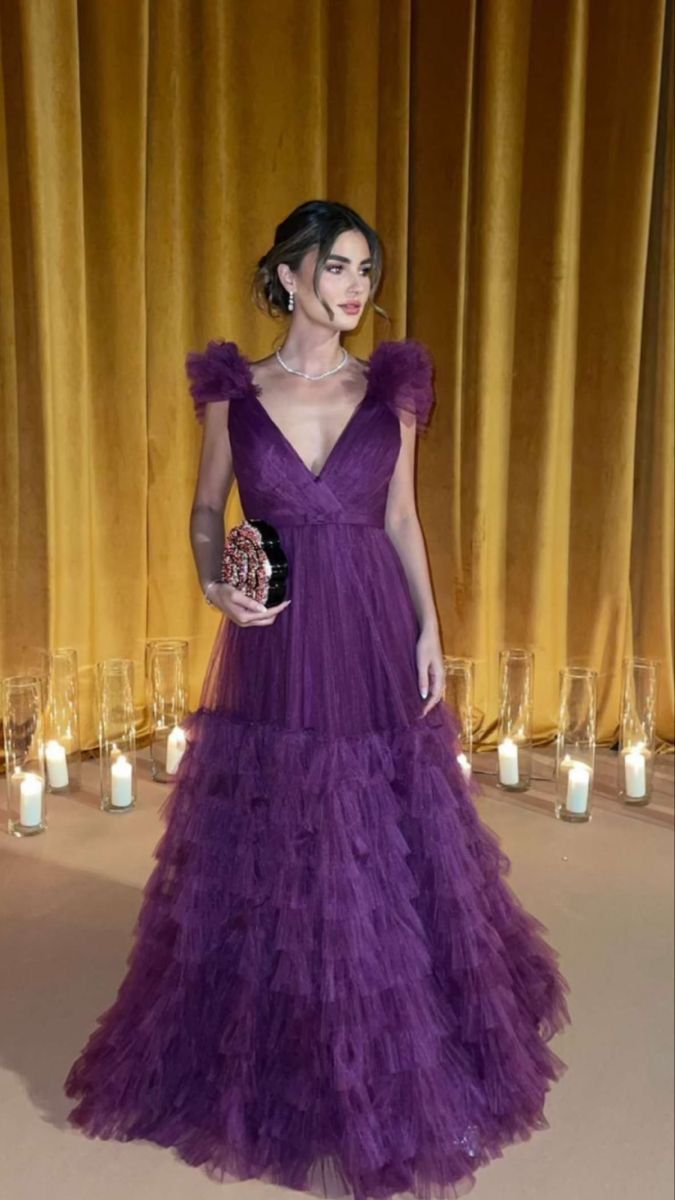 Sexy Purple Tulle Layered Ruffles Prom Dress,A Line Long Evening Dress Y8225