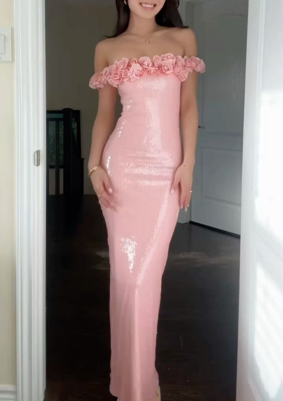 Sweet Pink Flowers Strapless Sequin Mermaid Long Prom Dress Evening Gown