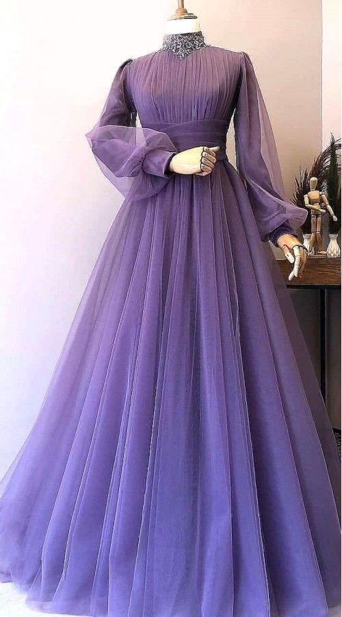 robe longue high neck vintage prom dresses long sleeve muslim beaded lace tulle elegant purple prom gown Y1207