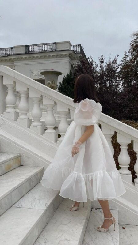 Retro Style Square Neckline A-line Prom Dress With Puff Sleeves Y6869
