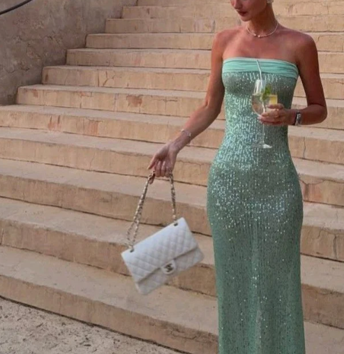 Elegant Strapless Green Sequin Mermaid Evening Dress Long Prom Gown
