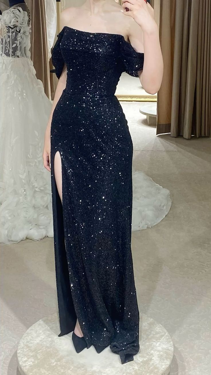 Elegant Off The Shoulder Navy Blue Sequin High Slit Long Evening Dress Prom Dress SP1321
