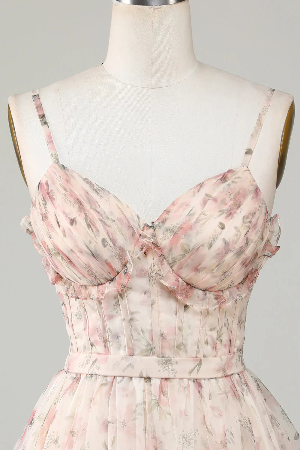 New Fashion Champagne Floral Design A-line Corset Spaghetti Strap Short Homecoming Dress, D1363