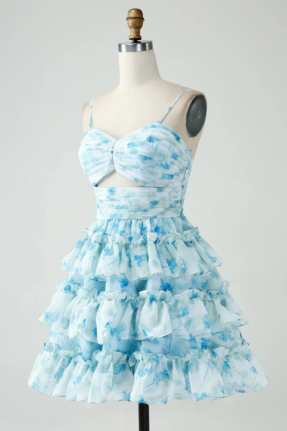 Vintage Light Blue Floral Design A-line Spaghetti Strap Tiered Homecoming Dress, D1365