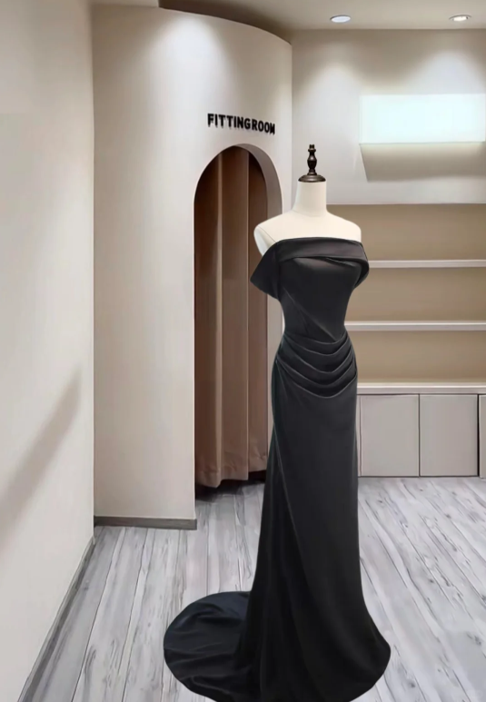 Sexy Strapless Black Satin Pleated Mermaid Long Party Dress Evening Gown