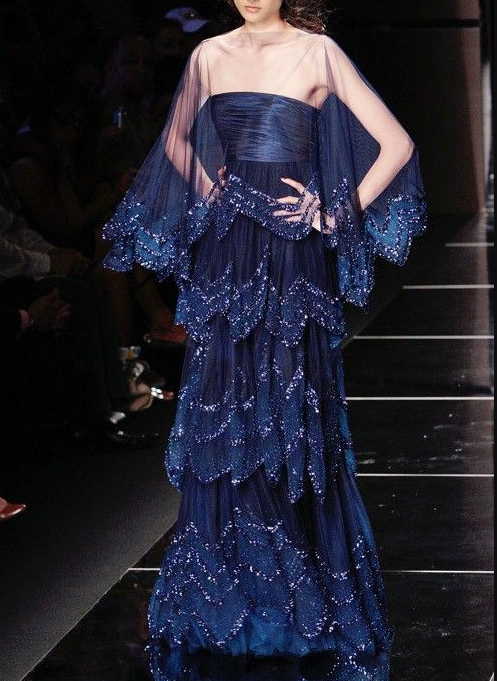 Shiny Navy Blue Tulle Sequin Beaded Layered Long Evening Dress Birthday Prom Dresses D1916