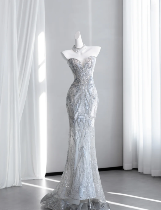 Gorgeous Strapless Tulle Sequin Beaded Mermaid Long Party Dress Evening Dress SP1515