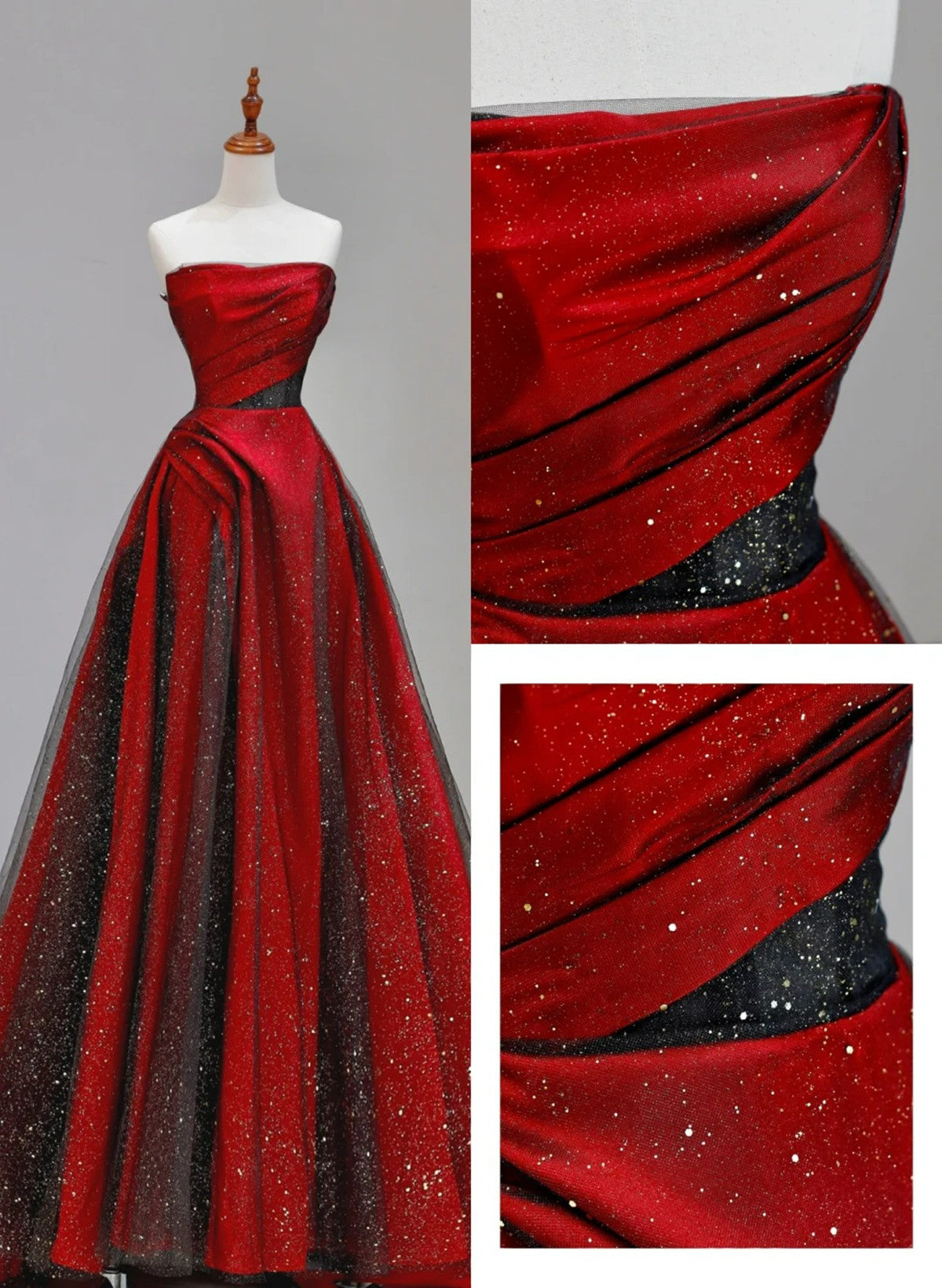 Black and Red Long Formal Dress Party Dress, Scoop Satin Floor Length Prom Dress