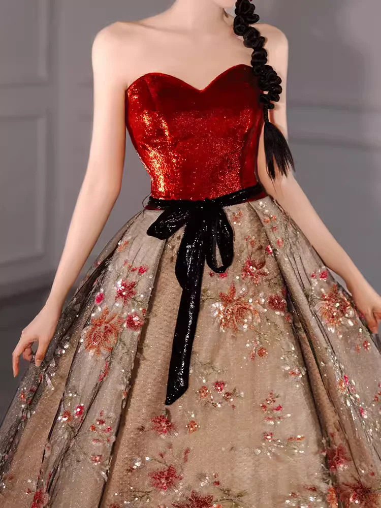 Ball Gown Strapless Burgundy Sequin Long Evening Dress Prom Dress