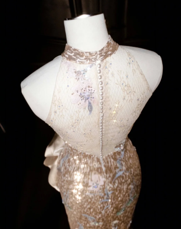 Champagne Sequin Prom Party Dress Shiny Evening Dress Birthday Outfit fg8687