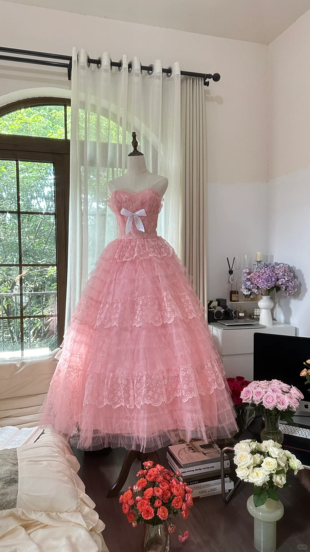 Vintage Pink Strapless Sweetheart Design Romantic Chiffon Tiered Evening Dress Prom Dress D1485