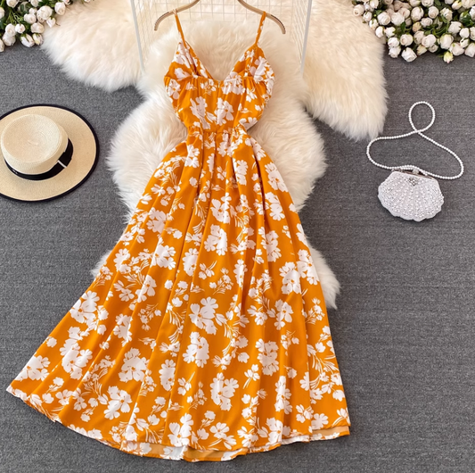 Beach dress super fairy seaside vacation long skirt V neck A line suspender dress R0342