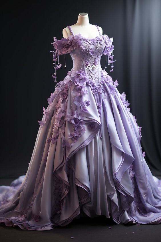 Ball Gown Straps Lilac Satin Floral Sweet 16 Dresses
