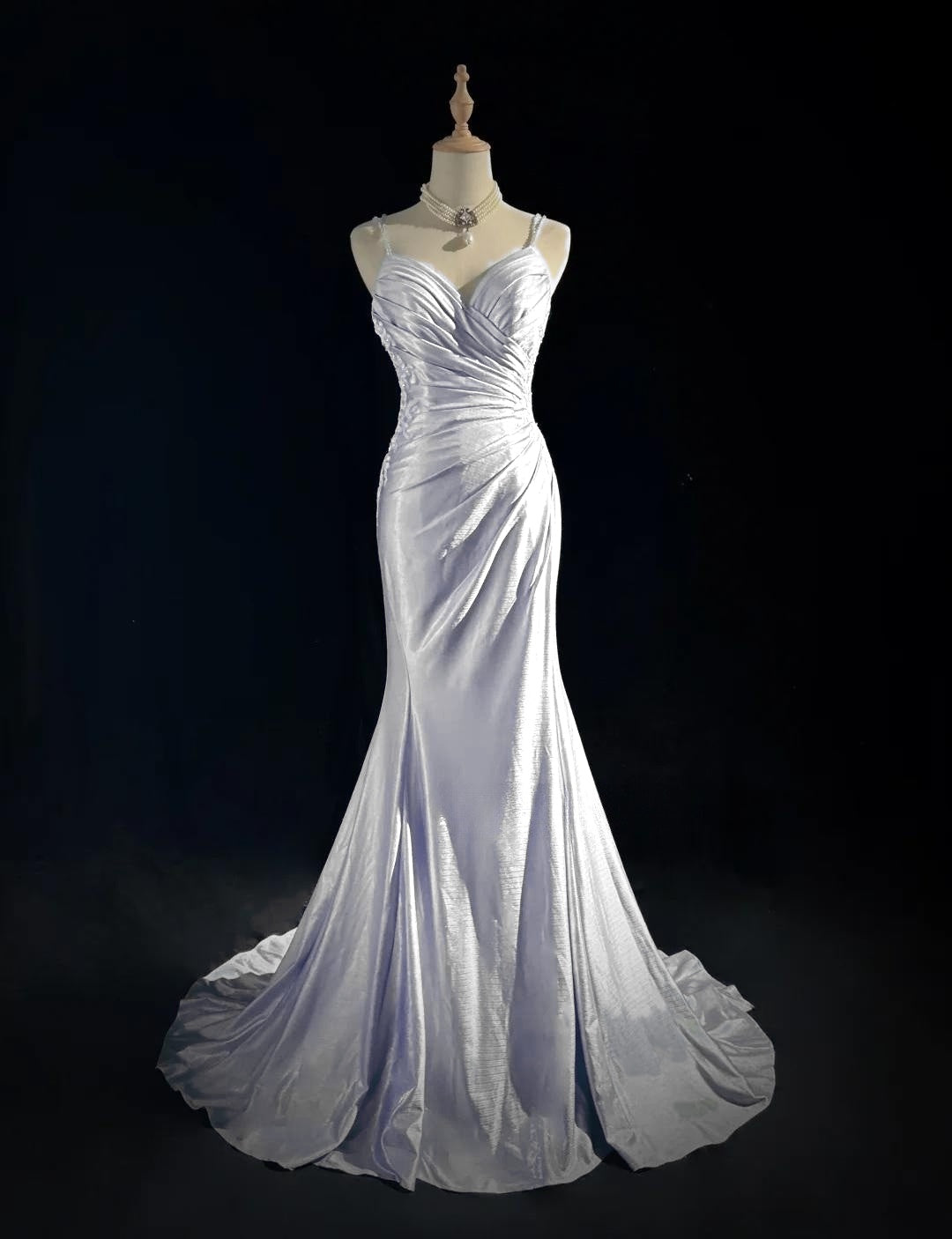 Beautiful Spaghetti Strap Mermaid Glitter Satin Long Prom Backless Applique Prom Gowns Simple Wedding Dresses