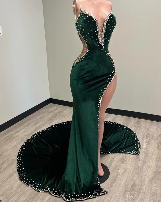 Black Girl Prom Dresses Long Mermaid Green Prom Gowns With Train