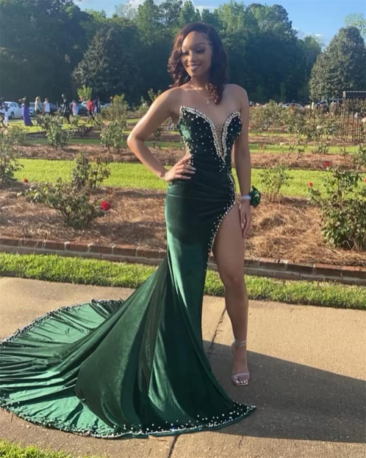 Black Girl Prom Dresses Long Mermaid Green Prom Gowns With Train