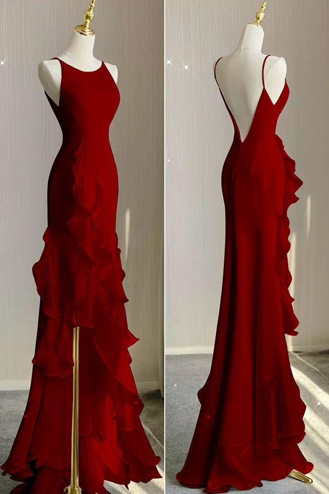 Black Mermaid Beach Wedding Dresses With Ruffles, Spaghetti Straps Backless Prom Gowns