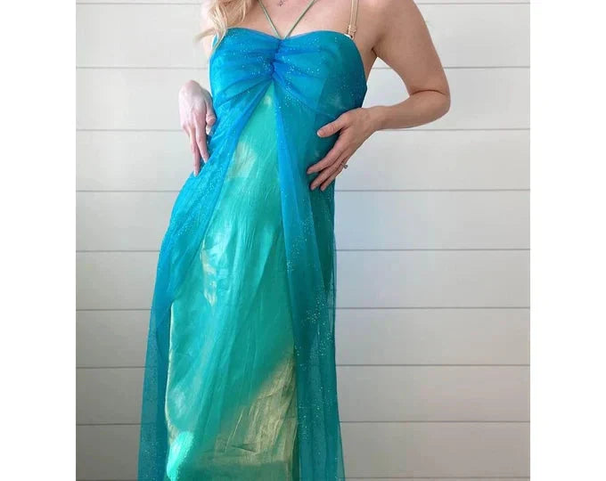 Blue Shiny Fashion Gradient Spray Gold Retro Elegant Sling Long Tulle Ball Gowns Prom Dress