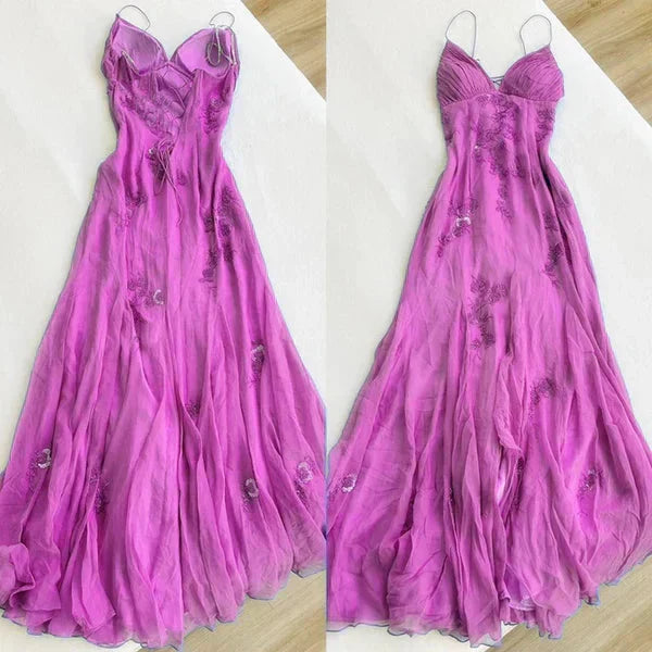 Blue Vintage Elegant V Neck Exquisite Embroidery Applique Beading Long Chiffon Prom Dress Prom Gowns Prom Dresses