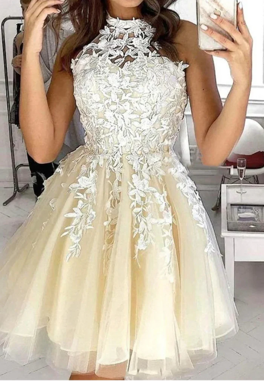Elegant Homecoming Dress Halter Lace Flowers Short Prom Dress Back to School Outfits Party Dress D6099