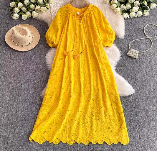 Rose Story Same Style Mid Sleeve V-Neck Yellow Dress Summer French Loose Skirt R0313
