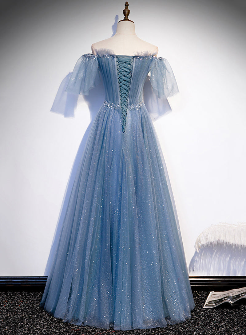 Charming Light Blue Tulle Puffy Sleeves Floor Length Prom Dress, Blue A-Line Pricess Gown Prom Dresses