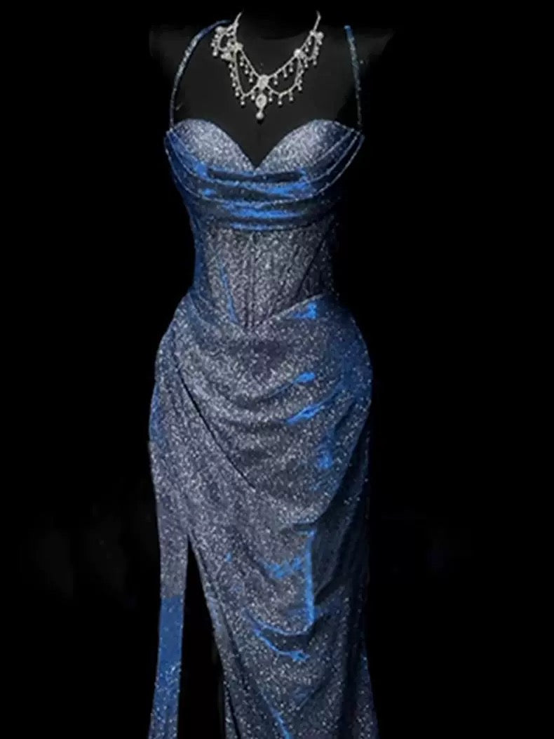Classy Mermaid Spaghetti Straps Navy Blue Sequin Long Prom Gown Prom Dresses