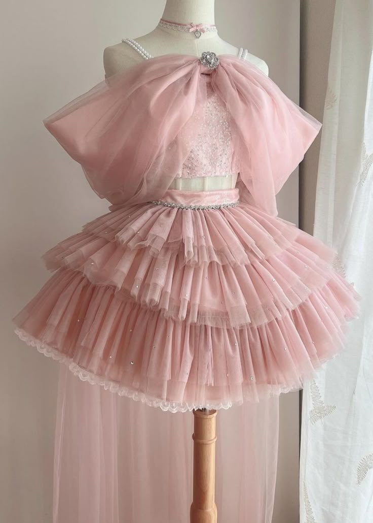 Pink Off Shoulder A-Line Tulle Tiered Short Party Dresses Birthday Outfits, D1132