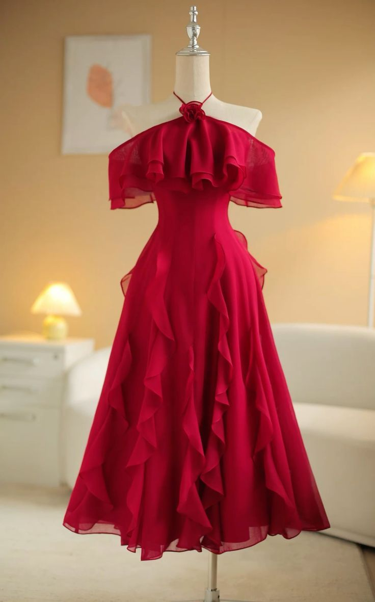 Sexy Red Halter Off Shoulder A-Line Chiffon Ruffles Long Party Dresses, D1140