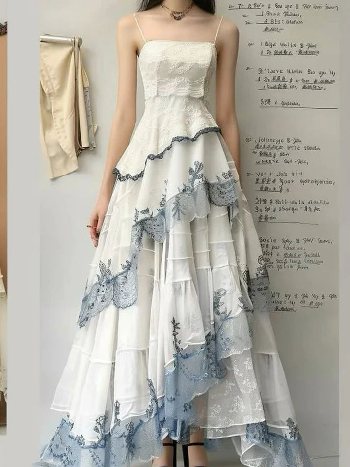 White Spaghetti Straps A-Line Lace Layers Formal Long Party Dresses, D1182