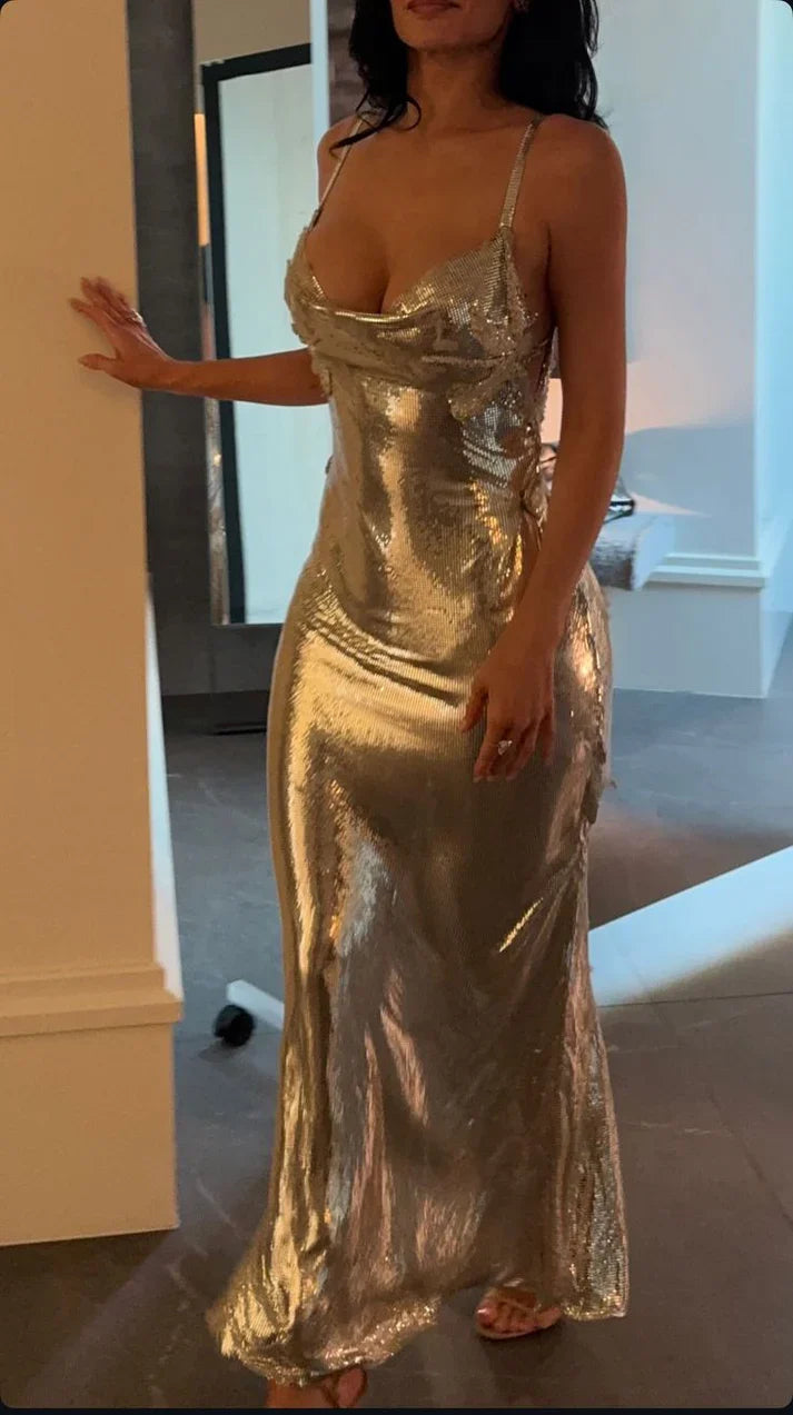 Silver Spaghetti Straps Mermaid Sequins Long Evening Party Dresses, D1184